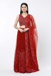 Buy_Mishru_Red Soft Tulle Embroidered Sea Coral V Neck Ara Pleated Lehenga Set _at_Aza_Fashions