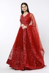 Mishru_Red Soft Tulle Embroidered Sea Coral V Neck Ara Pleated Lehenga Set _Online_at_Aza_Fashions