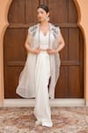 Buy_Nidhi Kejriwal_Off White Organza Embellished Thread Cape Front Draped Dhoti Skirt Set With _at_Aza_Fashions