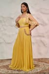 Nidhi Kejriwal_Yellow Georgette Embellished Cutdana Short Cape Front Open Pleated Skirt Set _Online_at_Aza_Fashions