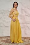 Shop_Nidhi Kejriwal_Yellow Georgette Embellished Cutdana Short Cape Front Open Pleated Skirt Set _Online_at_Aza_Fashions