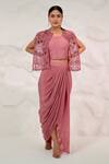 Buy_Nidhi Kejriwal_Pink Organza Hand Embroidered Cutdana Bustier Draped Skirt Set With Jacket _at_Aza_Fashions