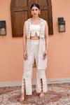 Buy_Nidhi Kejriwal_Beige Jute Cotton Embellished Cutdana Bustier Square Pant Set With Jacket _at_Aza_Fashions