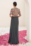 Shop_Nidhi Kejriwal_Black Crepe Embroidered Thread Bustier Geometric Draped Skirt Set With Jacket _at_Aza_Fashions