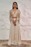 Buy_Nidhi Kejriwal_Beige Satin Embroidered Zari Cape Front Open Bustier Palazzo Set With _at_Aza_Fashions