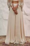 Nidhi Kejriwal_Beige Satin Embroidered Zari Cape Front Open Bustier Palazzo Set With _Online_at_Aza_Fashions