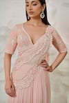 Buy_Nidhi Kejriwal_Pink Chiffon Hand Embroidered Cutdana V Neck Pre-draped Saree With Blouse 