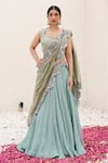 Buy_Nidhi Kejriwal_Green Brocade Hand Embroidered Pearl Notched Lehenga Blouse Set _at_Aza_Fashions