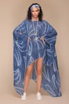 Payal Jain_Blue Linen Tie-dye Round Slit Batwing Sleeve Kaftan Dress _Online_at_Aza_Fashions