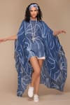 Buy_Payal Jain_Blue Linen Tie-dye Round Slit Batwing Sleeve Kaftan Dress 