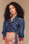 Shop_Payal Jain_Blue Denim Collared Ruffle Detailed Neck Wrap Top _Online_at_Aza_Fashions