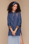 Buy_Payal Jain_Blue Denim Embroidered Thread Collared Midi Shirt Dress _Online_at_Aza_Fashions