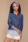 Payal Jain_Blue Denim Embroidered Collared Contrast Cuff Shirt _Online_at_Aza_Fashions