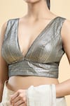 Samyukta Singhania_Black Tissue Stripped Plunge-v Metallic Work Saree Blouse _at_Aza_Fashions