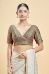 Buy_Samyukta Singhania_Green Silk Embroidered Thread V-neck Floral Saree Blouse _at_Aza_Fashions