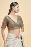 Samyukta Singhania_Green Silk Embroidered Thread V-neck Floral Saree Blouse _Online_at_Aza_Fashions