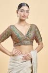 Buy_Samyukta Singhania_Green Silk Embroidered Thread V-neck Floral Saree Blouse _Online_at_Aza_Fashions