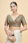 Shop_Samyukta Singhania_Green Silk Embroidered Thread V-neck Floral Saree Blouse _Online_at_Aza_Fashions