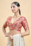 Samyukta Singhania_Red Banarasi Woven Plunge-v Brocade Saree Blouse _Online_at_Aza_Fashions