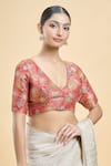 Shop_Samyukta Singhania_Red Banarasi Woven Plunge-v Brocade Saree Blouse _Online_at_Aza_Fashions