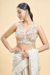 Buy_Samyukta Singhania_Cream Georgette Embroidered Thread Plunge-v Floral Saree Blouse _Online_at_Aza_Fashions