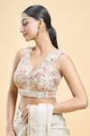 Shop_Samyukta Singhania_Cream Georgette Embroidered Thread Plunge-v Floral Saree Blouse _Online_at_Aza_Fashions