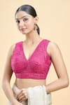 Shop_Samyukta Singhania_Pink Georgette Embroidered Thread Abstract Geometric Pattern Saree Blouse _Online_at_Aza_Fashions