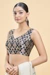 Samyukta Singhania_Black Banarasi Woven V-neck Floral Pattern Saree Blouse _Online_at_Aza_Fashions