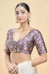 Samyukta Singhania_Purple Banarasi Embroidered Thread Leaf Floral Pattern Woven Saree Blouse _Online_at_Aza_Fashions