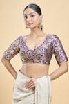 Shop_Samyukta Singhania_Purple Banarasi Embroidered Thread Leaf Floral Pattern Woven Saree Blouse _Online_at_Aza_Fashions