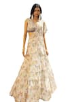 Shop_Seeaash_Ivory Chiffon Printed Crystal Work Asmira Tiered Pre-draped Lehenga Saree Set _Online_at_Aza_Fashions