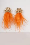 Shop_Bijoux By Priya Chandna_Orange Crystal Studded Feather Earrings _at_Aza_Fashions