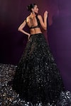 Shop_Angad Singh_Black Net Embroidery Glass Bead Plunge V Neck Lehenga Set _at_Aza_Fashions