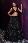 Shop_Angad Singh_Black Net Embroidery Glass Bead Plunge V Neck Lehenga Set _Online_at_Aza_Fashions