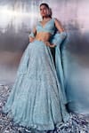 Buy_Angad Singh_Blue Net Embroidery Sequin Plunge V Neck Pearl Bridal Lehenga Set _at_Aza_Fashions