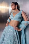 Shop_Angad Singh_Blue Net Embroidery Sequin Plunge V Neck Pearl Bridal Lehenga Set _Online_at_Aza_Fashions