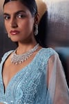 Angad Singh_Blue Net Embroidery Sequin Plunge V Neck Pearl Bridal Lehenga Set _at_Aza_Fashions