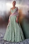 Buy_Angad Singh_Green Organza Embroidery Sequin Plunge V Neck Crystal Bridal Lehenga Set _at_Aza_Fashions