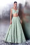 Angad Singh_Green Organza Embroidery Sequin Plunge V Neck Crystal Bridal Lehenga Set _Online_at_Aza_Fashions