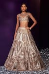 Angad Singh_Gold Tissue Embroidery Sequin Leaf Neck Mirror Bridal Lehenga Set _Online_at_Aza_Fashions