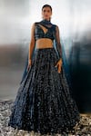 Buy_Angad Singh_Blue Net Embroidery Sequin Plunge V Neck Abstract Lehenga Set _at_Aza_Fashions