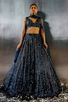 Buy_Angad Singh_Blue Net Embroidery Sequin Plunge V Neck Abstract Lehenga Set _Online_at_Aza_Fashions