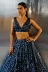 Angad Singh_Blue Net Embroidery Sequin Plunge V Neck Abstract Lehenga Set _at_Aza_Fashions