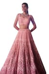 Angad Singh_Pink Net Embroidery Sequin Square Neck Mughal Bridal Lehenga Set _at_Aza_Fashions