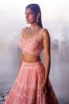 Shop_Angad Singh_Pink Net Embroidery Sequin Square Neck Mughal Bridal Lehenga Set 