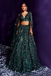 Buy_Angad Singh_Emerald Green Net Embroidery Sequin Plunge V Neck Cutwork Bridal Lehenga Set _at_Aza_Fashions