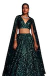 Angad Singh_Emerald Green Net Embroidery Sequin Plunge V Neck Cutwork Bridal Lehenga Set _Online_at_Aza_Fashions