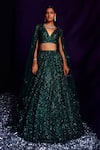 Buy_Angad Singh_Emerald Green Net Embroidery Sequin Plunge V Neck Cutwork Bridal Lehenga Set _Online_at_Aza_Fashions