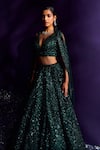 Shop_Angad Singh_Emerald Green Net Embroidery Sequin Plunge V Neck Cutwork Bridal Lehenga Set _Online_at_Aza_Fashions