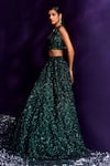 Angad Singh_Emerald Green Net Embroidery Sequin Plunge V Neck Cutwork Bridal Lehenga Set _at_Aza_Fashions